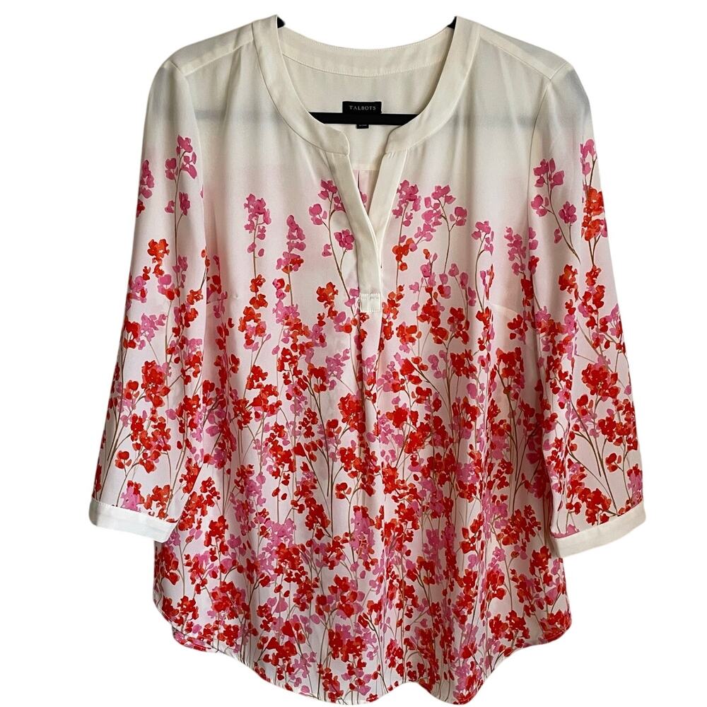 Talbots Popover Blouse Top Sz M Floral Split Neck 3/4 Sleeves Pink Red Cream